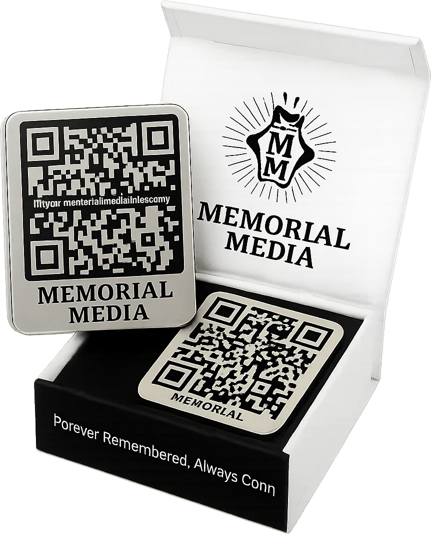 The Memorial Media stainless steel QR plaque in its presentation box